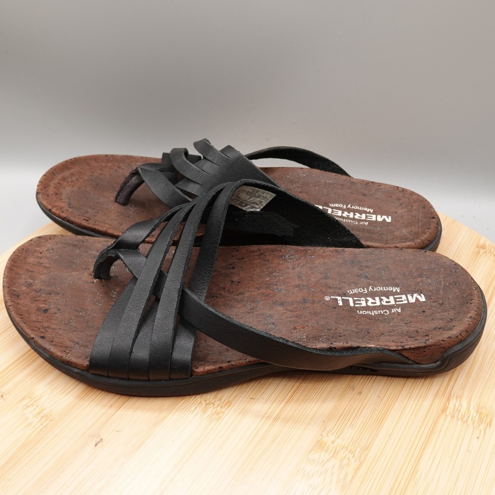Merrell Sandals Women 6 Black Leather Strappy Sundial Cross Thong J97324 Flaw
